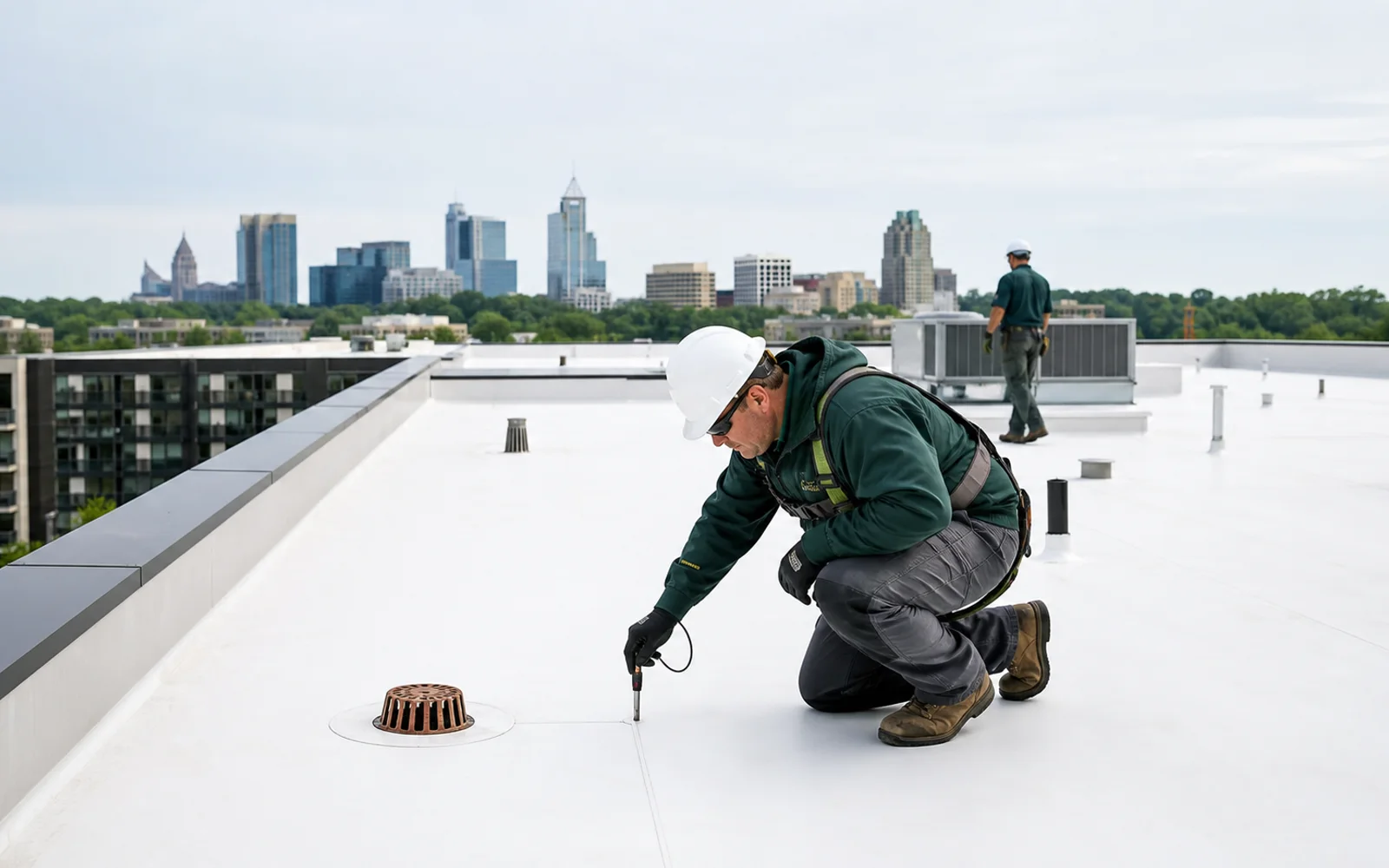 Raleigh commercial roofer assessing a TPO membrane seam